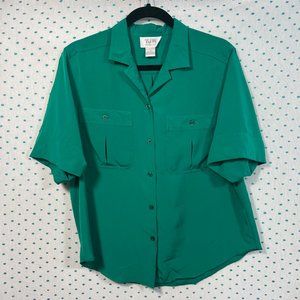TJW by Mervyn's Vintage Green Satin Short Sleeve Button Up Collared Shirt